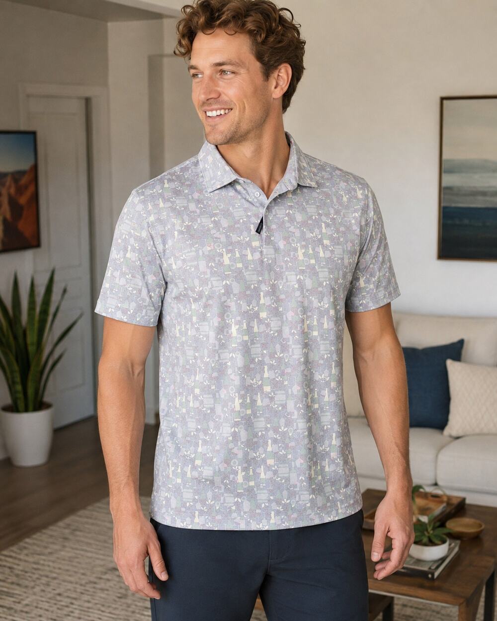 New Peter Millar Oenophilia Performance Pique Polo Shirt Blue Print Men's Large